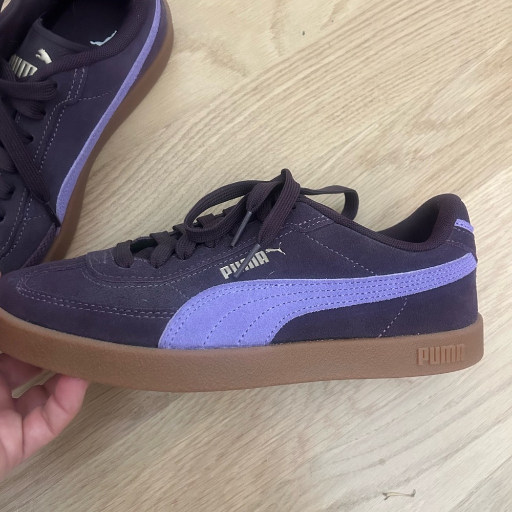 PUMA Women's Suede Sneaker in Dark Plum with Lavender Stripe